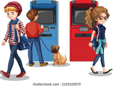 ATM machine with people cartoon character illustration