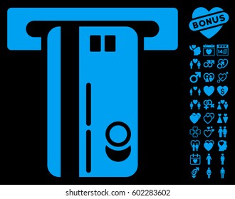 ATM Machine pictograph with bonus dating pictures. Vector illustration style is flat iconic symbols on white background.