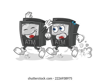 the ATM machine play chase cartoon. cartoon mascot vector