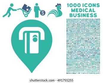 ATM Machine Pointer icon with 1000 medical commercial cobalt and cyan vector design elements. Design style is flat bicolor symbols, white background.
