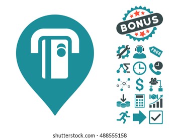 ATM Machine Pointer pictograph with bonus symbols. Vector illustration style is flat iconic bicolor symbols, soft blue colors, white background.