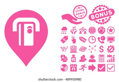ATM Machine Pointer pictograph with bonus pictures. Vector illustration style is flat iconic symbols, pink color, white background.