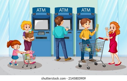 Escena de máquina de cajero automático con ilustración de personas