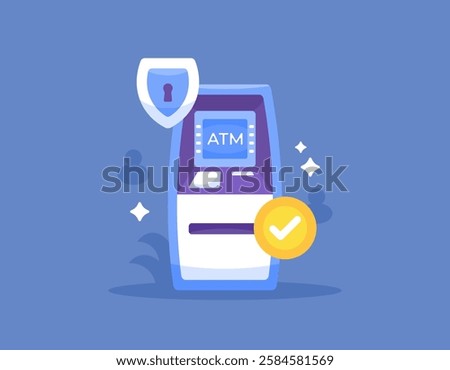 ATM machine security and protection concept. automatic teller machine or ATM. safety in using automated teller machines. technology and finance. flat style design. elements