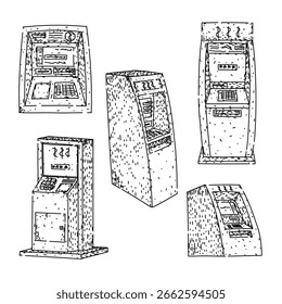 Juego de máquinas ATM dibujado a mano. Retira el depósito, la tarjeta de balance, el bosquejo de Vector de la máquina ATM de la transacción bancaria. ilustración negra aislada