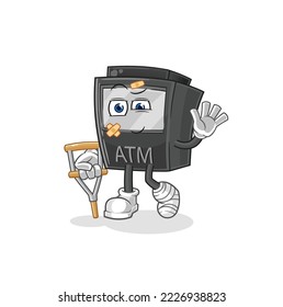 the ATM machine sick with limping stick. cartoon mascot vector