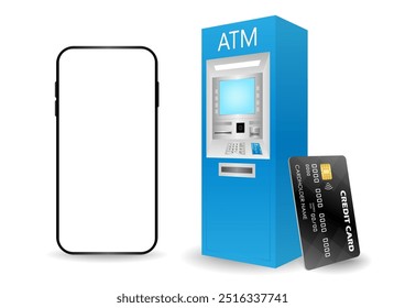 Máquina ATM e smartphone. Internet Banking e conceito de pagamento online. Ilustração de vetor.