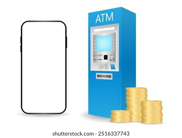 ATM Machine and Smartphone. Internet Banking and Online Payment Concept. Vector Illustration.
