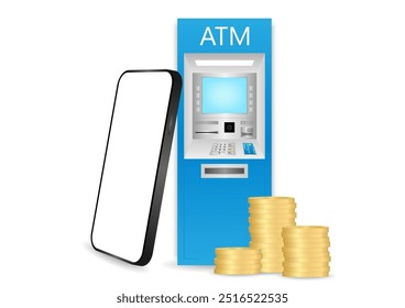 Máquina ATM e smartphone. Internet Banking e conceito de pagamento online. Ilustração de vetor.