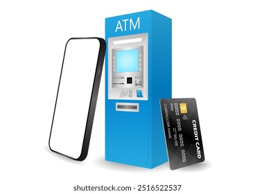 Máquina ATM e smartphone. Internet Banking e conceito de pagamento online. Ilustração de vetor.