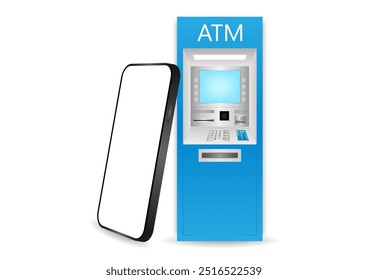 ATM Machine and Smartphone. Internet Banking and Online Payment Concept. Vector Illustration.