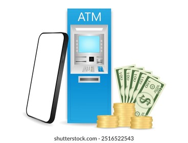ATM Machine and Smartphone. Internet Banking and Online Payment Concept. Vector Illustration.