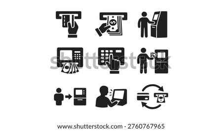 Atm machine usage and financial transaction icons with account holder