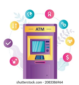 Cajero automático para diversas transacciones financieras. Retirada de efectivo y depósito de tarjeta de crédito en el cajero automático. Pago por comunicación móvil a través de terminal. Concepto de servicios bancarios. Ilustración del vector
