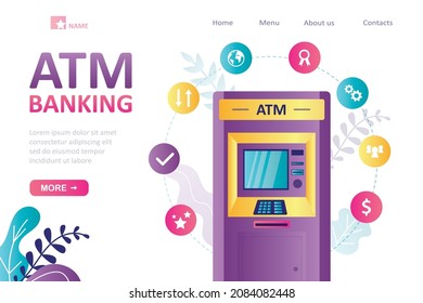 Cajero automático para diversas transacciones financieras. Retirada de efectivo, depósito de tarjeta de crédito en el cajero automático. Pago por comunicación móvil a través de terminal. Servicio bancario. Página de inicio. Ilustración del vector