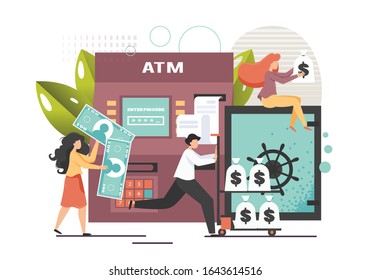 ATM machine vector flat illustration. Male and female characters withdrawing cash, performing other financial transactions such as cash deposits, transfer funds using ATM, automatic banking machine.