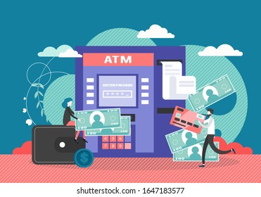 ATM machine vector flat style design illustration. Male and female characters withdrawing cash from automated teller machine using credit or debit card. ATM banking concept.