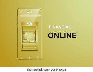 ATM machines on smartphones for financial concept design,vector 3d on gold background for produce online financial and investment media design