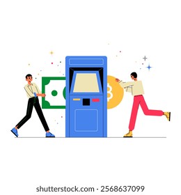 ATM With Male Characters Handling Cash And Bitcoin In Flat Vector Illustration Symbolizing Finance, Cryptocurrency, And Transactions, Isolated On White Background.