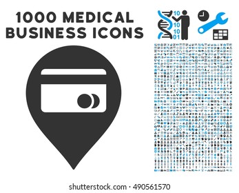 ATM Map Marker icon with 1000 medical commerce gray and blue vector pictograms. Clipart style is flat bicolor symbols, white background.