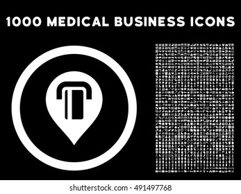 ATM Map Marker icon with 1000 medical commercial white vector pictographs. Design style is flat symbols, black background.