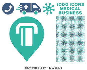 ATM Map Marker icon with 1000 medical commerce cobalt and cyan vector pictograms. Collection style is flat bicolor symbols, white background.