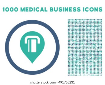 ATM Map Marker icon with 1000 medical commerce cobalt and cyan vector design elements. Clipart style is flat bicolor symbols, white background.