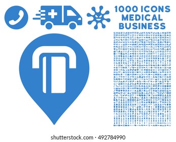 ATM Map Marker icon with 1000 medical commercial cobalt vector design elements. Design style is flat symbols, white background.