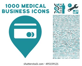 ATM Map Marker icon with 1000 medical commerce soft blue vector pictograms. Clipart style is flat bicolor symbols, white background.