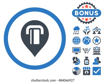 Atm Map Marker icon with bonus design elements. Vector illustration style is flat iconic bicolor symbols, smooth blue colors, white background.