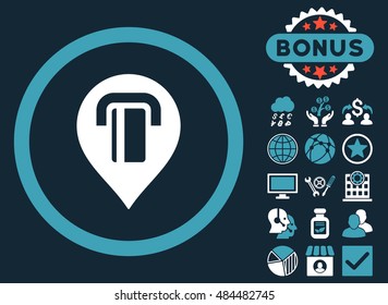Atm Map Marker icon with bonus pictogram. Vector illustration style is flat iconic bicolor symbols, blue and white colors, dark blue background.