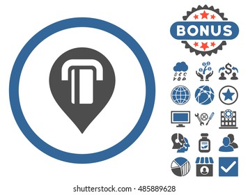 Atm Map Marker icon with bonus symbols. Vector illustration style is flat iconic bicolor symbols, cobalt and gray colors, white background.