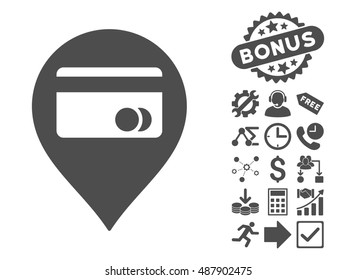 Atm Map Marker icon with bonus elements. Vector illustration style is flat iconic symbols, gray color, white background.