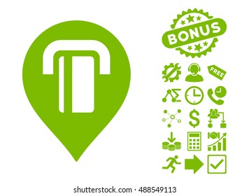 Atm Map Marker icon with bonus pictogram. Vector illustration style is flat iconic symbols, eco green color, white background.