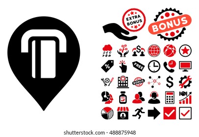 ATM Map Marker icon with bonus pictograph collection. Vector illustration style is flat iconic bicolor symbols, intensive red and black colors, white background.