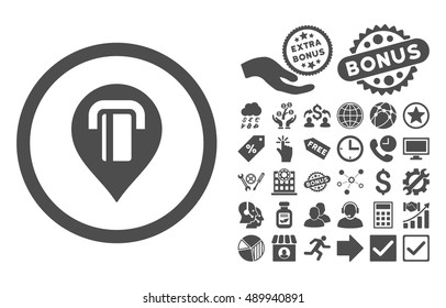 ATM Map Marker icon with bonus symbols. Vector illustration style is flat iconic symbols, gray color, white background.