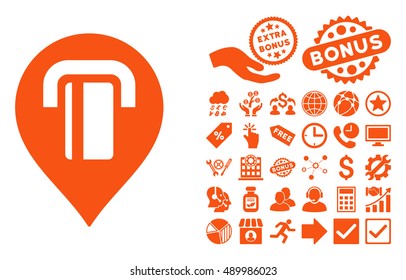 ATM Map Marker icon with bonus design elements. Vector illustration style is flat iconic symbols, orange color, white background.