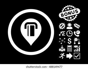 ATM Map Marker pictograph with bonus pictogram. Vector illustration style is flat iconic symbols, white color, black background.