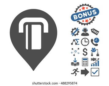 ATM Map Marker pictograph with bonus images. Vector illustration style is flat iconic bicolor symbols, cobalt and gray colors, white background.