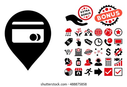 ATM Map Marker pictograph with bonus images. Vector illustration style is flat iconic bicolor symbols, intensive red and black colors, white background.