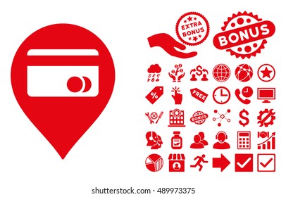 ATM Map Marker pictograph with bonus pictures. Vector illustration style is flat iconic symbols, red color, white background.