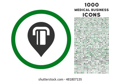 ATM Map Marker rounded vector bicolor icon with 1000 medical business icons. Set style is flat pictograms, green and gray colors, white background.