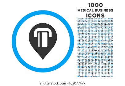 ATM Map Marker rounded vector bicolor icon with 1000 medical business icons. Set style is flat pictograms, blue and gray colors, white background.