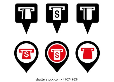 ATM Map Marker vector icons. Pictogram style is bicolor intensive red and black flat icons with rounded angles on a white background.