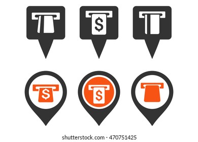 ATM Map Marker vector icons. Pictogram style is bicolor orange and gray flat icons with rounded angles on a white background.