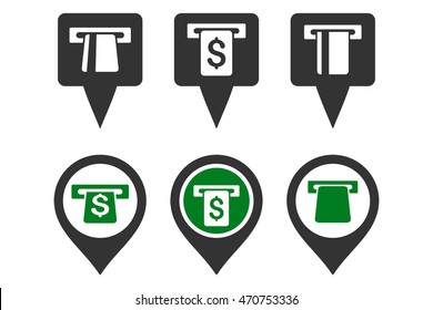 ATM Map Marker vector icons. Pictogram style is bicolor green and gray flat icons with rounded angles on a white background.
