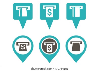 ATM Map Marker vector icons. Pictogram style is bicolor grey and cyan flat icons with rounded angles on a white background.