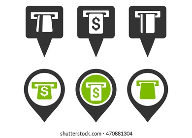 ATM Map Marker vector icons. Pictogram style is bicolor eco green and gray flat icons with rounded angles on a white background.