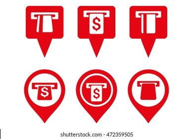 ATM Map Marker vector icons. Pictogram style is red flat icons with rounded angles on a white background.