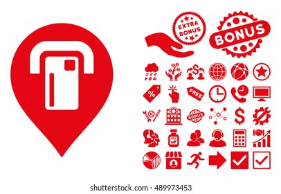 ATM Map Pointer icon with bonus images. Vector illustration style is flat iconic symbols, red color, white background.